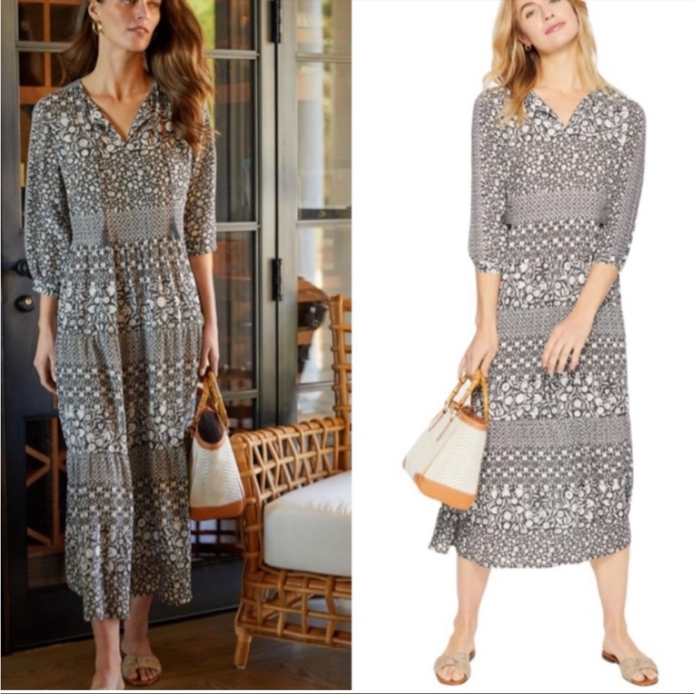 J. McLaughlin Black and White Mixed Floral Print Midi Dress